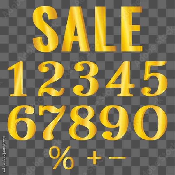 Fototapeta Set of gold 3D numbers for design of advertising coupon, voucher, banner, poster, tag, label, vector.