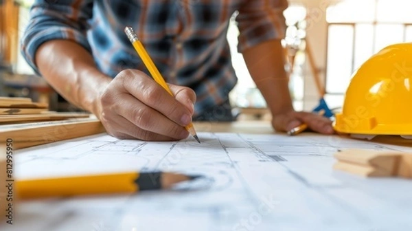 Fototapeta closeup male worker hand using pencil to sketch drawing draft design wooden workpiece in DIY workshop.