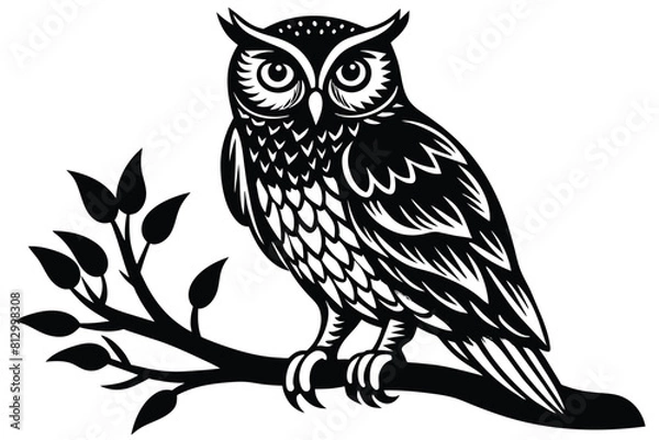 Fototapeta Owl sitting on  a tree branch vector silhouette an white background     