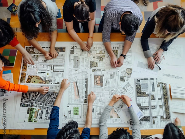 Fototapeta A team of architects collaboratively reviews and modifies large architectural plans spread out on a colorful table.