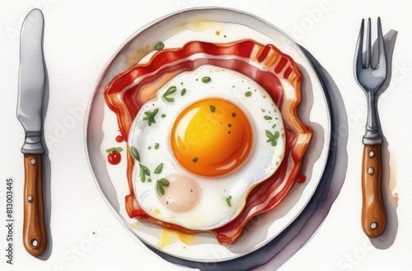Fototapeta Fried eggs with bacon and tomato on plate, eggs. spoon and fork on sides. Hand-drawn watercolor illustration. breakfast. view from above.