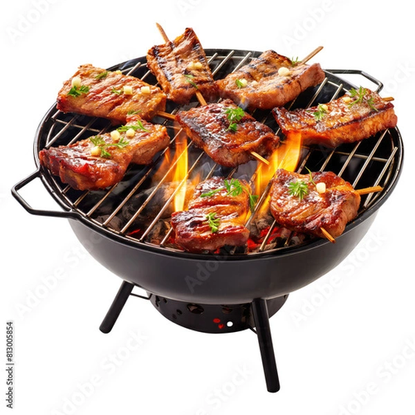 Fototapeta Grilled meat on the grill isolated on transparent white background, clipping path