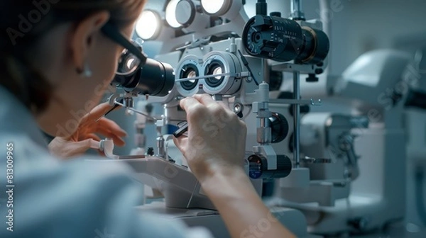 Fototapeta Qualified optician is making optician glasses in the modern clinic