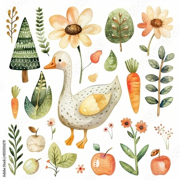 Fototapeta watercolor illustrations from the collection depicting a cute goose surrounded by flowers, grass, carrots, apples, trees highlighted on a white background.