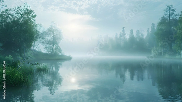 Fototapeta A mystical morning: soft light filtering through misty air over a serene lake, creating a photo realistic and enchanting atmosphere in the Photo Stock.