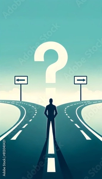 Obraz a person standing at a fork in the road, facing a large question mark in the sky between two diverging paths, each with a blank road sign