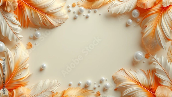 Fototapeta Golden feathers background. Beautiful feathers and pearls frame, luxury gold feathers wallpaper with copy space background illustration. Gorgeous feathers frame for anniversary or wedding design