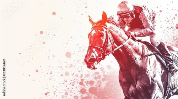 Fototapeta Illustration of racehorse at full speed on a racetrack, with a dynamic red and orange background.