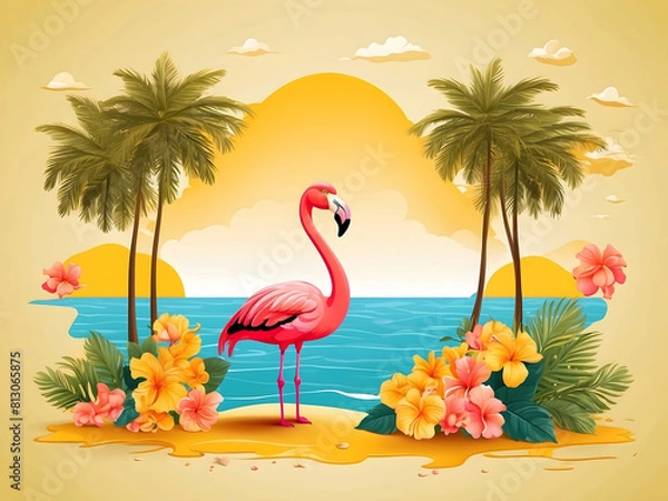 Fototapeta Summer holiday greeting vector design. Hello, summer text in yellow pattern background design with beach and flamingo in sunglasses reflection for tropical season greeting. Vector illustration