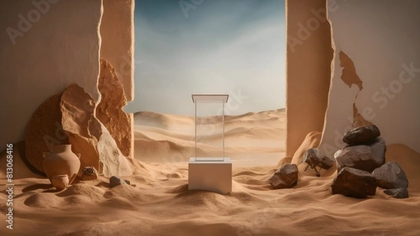 Fototapeta A window to a desert and sky with a glass podium and small rocks for product photography background
