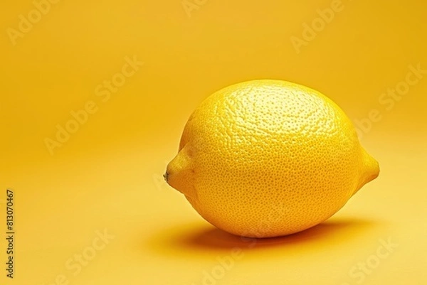 Fototapeta A yellow lemon is sitting on a yellow background. The bright yellow color of the lemon and the background creates a cheerful with copy space