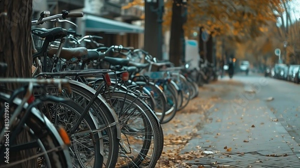 Fototapeta Line of parked bikes neatly awaiting riders.