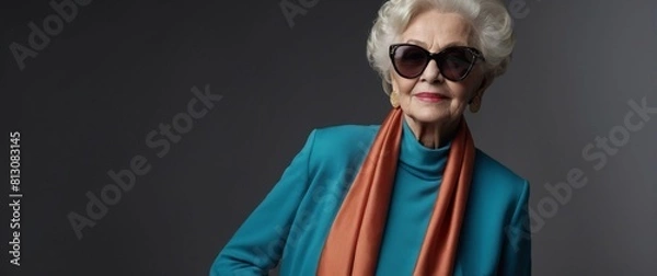 Fototapeta Elderly Caucasian woman in chic attire, radiating joy, against a black backdrop.