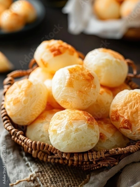 Fototapeta brazilian snack cheese bread, pão de queijo, round bread rolls with a chewy texture and a delightful cheesy flavor, originating from Brazil's culinary heritage
