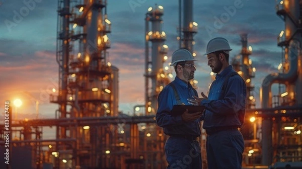 Fototapeta Two engineers engaged in discussion against the backdrop of an oil refinery, power plant, and the setting sun