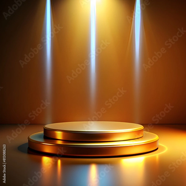 Fototapeta Two-stage gold podium or pedestal, or cosmetic stage for product presentation, studio lighting. Yellow background.