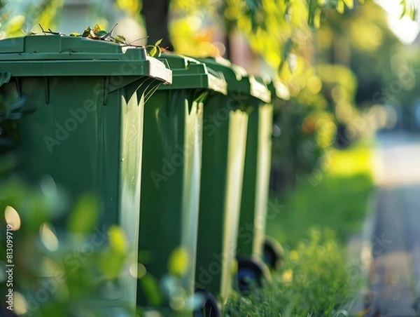 Fototapeta green trash cans standing next to each other on the street