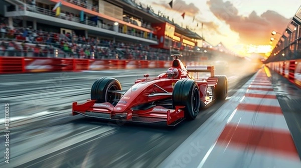 Fototapeta Red Formula Race Car On Track At Sunset With Motion Blur Showcasing High Speed, Motorsport Power, Adrenaline, And Championship Victory
