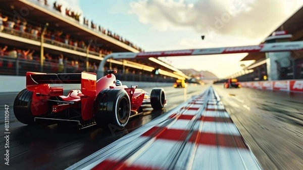 Fototapeta Red Formula One Car Racing On Track Back View With Motion Blur Capturing Speed, Motorsport Power, Adrenaline, Precision, And Victory
