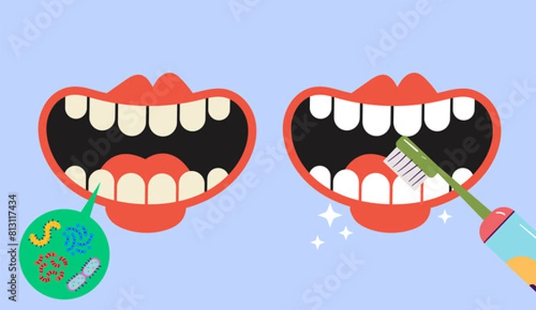 Fototapeta Brush clean teeth hygiene steps instruction isolated set. Vector flat cartoon graphic design illustration