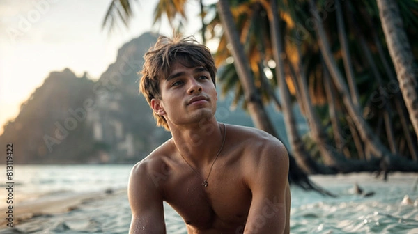 Obraz A guy with blond hair is sitting on the beach.