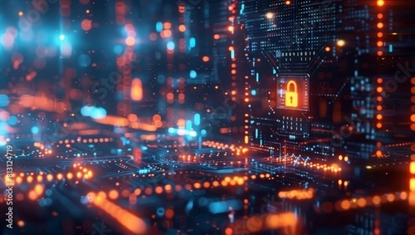 Obraz A digital illustration of security symbols such as a padlock and code, floating above an abstract circuit board with glowing nodes representing data flow in the background