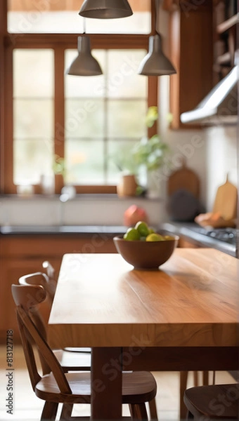 Fototapeta Close up of wooden table with a salad bowl