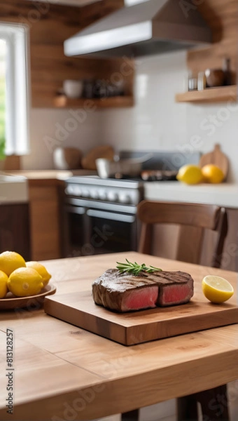 Fototapeta Grilled Steak and fresh lemon on a wooden table in a modern kitchen