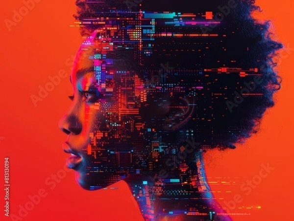 Fototapeta Futuristic Head Illustration in Afrofuturism Style glitch effect Iridescent color.