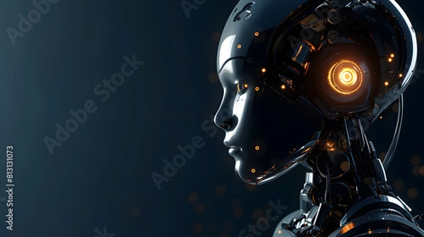 Fototapeta Cutting-edge AI system processes learning data on a dark background, poised for breakthroughs. Copy space included