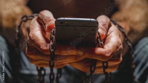 Fototapeta A man is holding a cell phone with chains around his hands