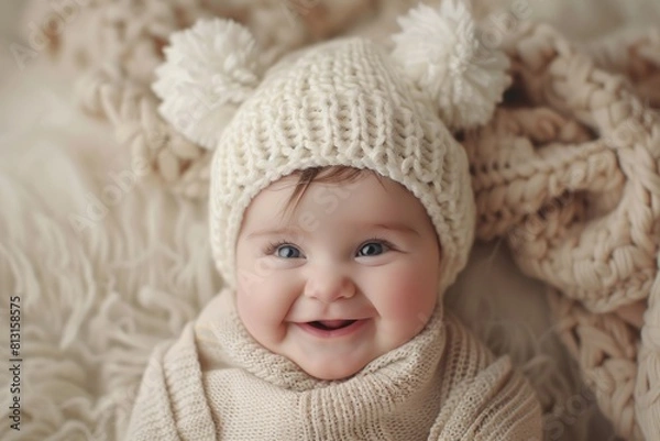 Obraz A cheerful baby wearing a cozy winter hat with pom-poms, smiling joyfully, wrapped in a soft, fluffy blanket.