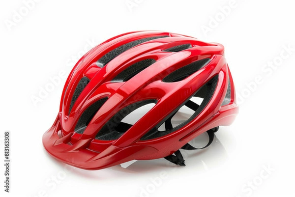 Fototapeta A shiny red bicycle helmet isolated on a plain white backdrop, detached from the surroundings, with no background. Concept of safety and protection. Generative Ai.