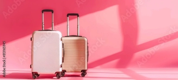Obraz Two modern pink luggage sets on a pink background. Two suitcases ready for travel. Concept of travel, vacation, simple design, journey preparation, minimalist. Wide Banner. Copy space