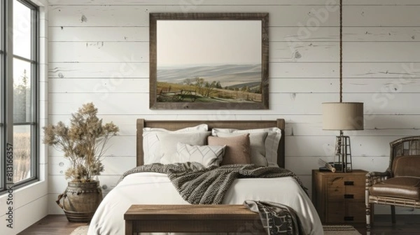 Fototapeta Showcase The Farmhouse-Style Background Of A Bedroom Interior, With A Mockup Frame Offering A Glimpse Of Personalized Decor