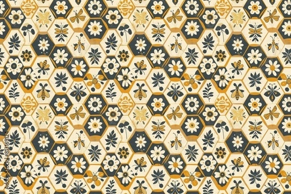 Fototapeta Seamless hexagonal pattern with bees and flowers on a beige background
