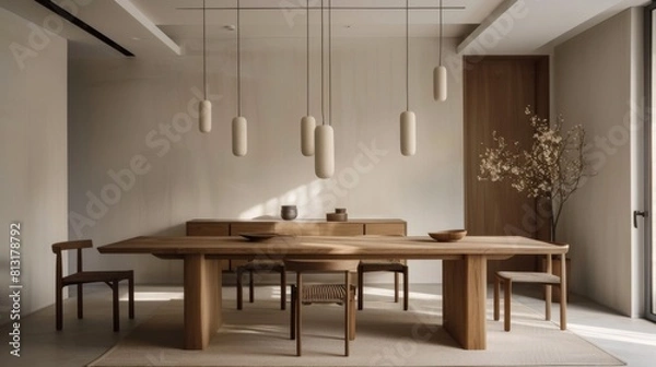 Fototapeta A minimalist dining room with a simple wooden table, modern chairs, and pendant lighting, perfect for stylish yet intimate gatherings.