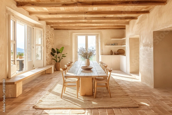 Fototapeta Streamlined Minimalist Dining Room Design with Earthy Palette in a Rustic Tuscan Villa, Enhanced by Bright Afternoon Light.