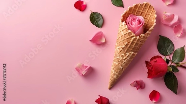 Fototapeta Waffle cone with a pink background and a red rose blossom. Summer concept, flat-laid, top view of flowers background 