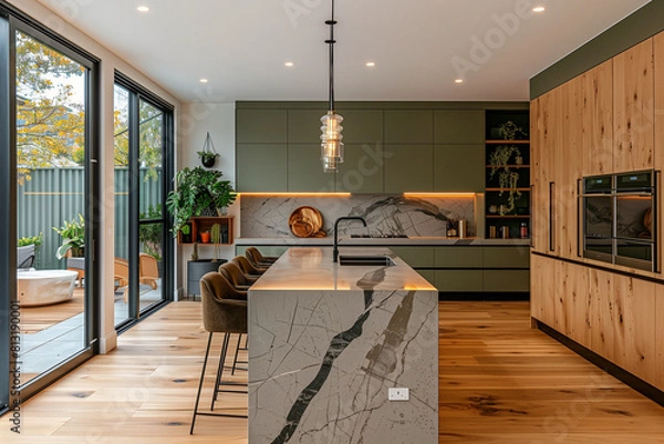 Fototapeta Functional and Minimalist Kitchen Design with Wood and Green Palette in a Suburban Melbourne Home, Illuminated by Daylight.