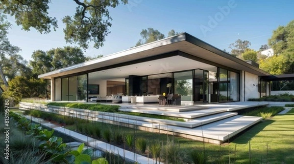 Fototapeta An exterior view of a minimalist-style house with flat rooflines, clean facade, and landscaped garden, showcasing contemporary architectural design.