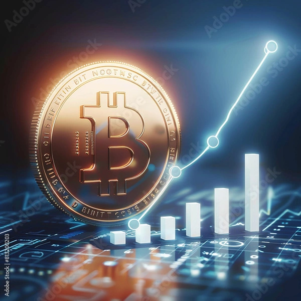 Obraz  Golden Bitcoin with ascending 3D bar graphs on a digital interface