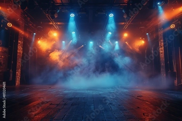 Fototapeta A view of an empty stage with dramatic lighting and atmospheric fog creating an intense and mysterious ambiance