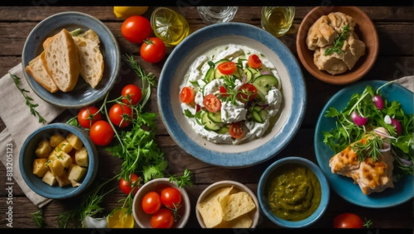 Fototapeta Different Greek food in plates cookery