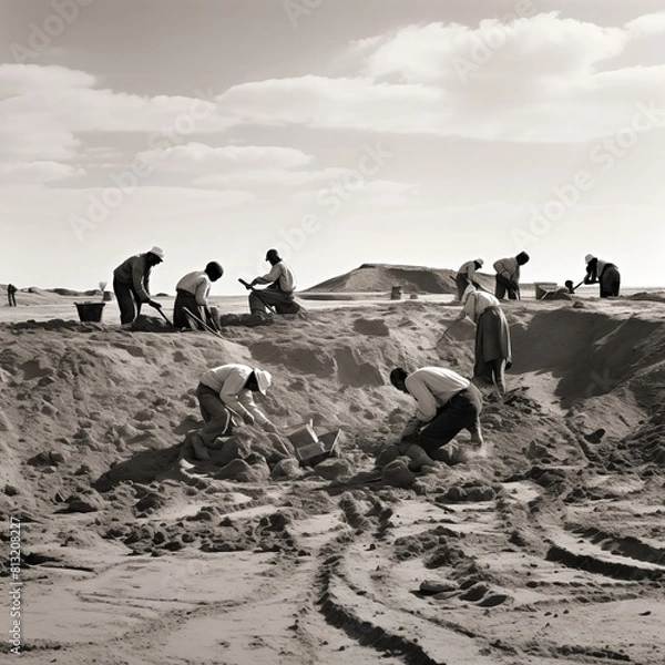 Obraz Black and white outdoor photograph of a group of men digging in the sand at an archaeological site, barren desert background. From the series �Lost Cities of Central Asia."