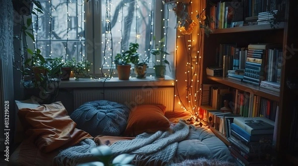 Fototapeta cozy reading nook with twinkling lights and stacks of books embodying tranquility comfort and hygge vibes lifestyle photography