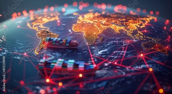 Fototapeta Detailed digital global map featuring maritime trade routes with brightly colored cargo ships and interconnected red lines across oceans.
