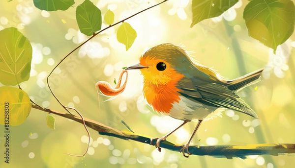 Fototapeta The early bird catches the worm: An illustration of a bird perched on a branch, plucking a worm from the ground, symbolizing the benefits of being proactive and taking action early