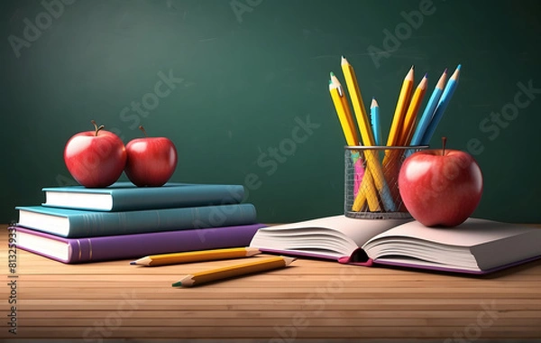 Obraz Happy Teacher's Day Concept, empty blackboard with educational elements