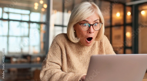Obraz Mature woman with blonde hair and glasses has shocked expression, looking at screen of her laptop computer.